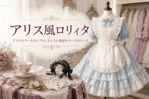 トルソーに着せた水色のワンピースと白いエプロン、「アリス風ロリィタ」の文字