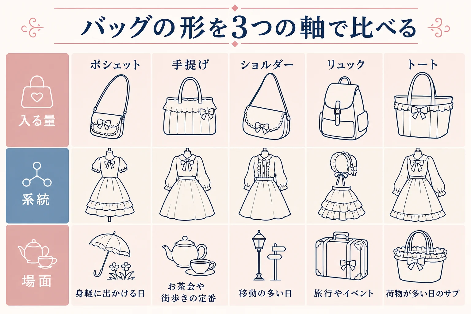 ロリィタのバッグの形を入る量・系統・場面で比べた図解