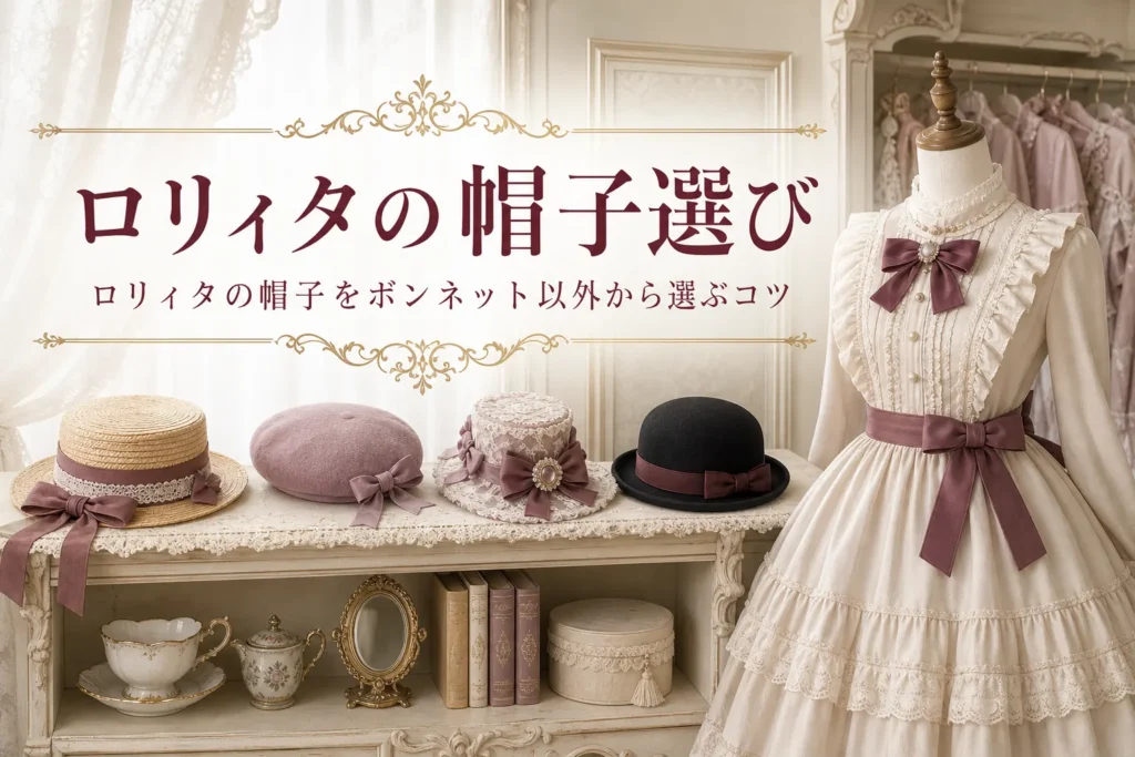 棚に並べたカンカン帽・ベレー帽・ミニハット・ボーラーハットと、ワンピースを着せたトルソー