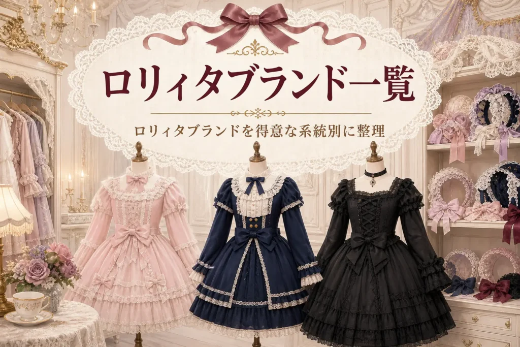 系統の違う3着のロリィタ服を並べたトルソーと、ロリィタブランドを系統別に整理した記事タイトル