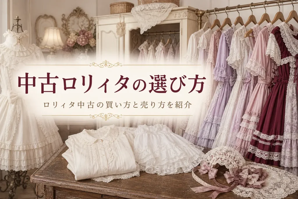 フリルのワンピースが並ぶ古着店の様子と、中古ロリィタの買い方と売り方を紹介する記事タイトル