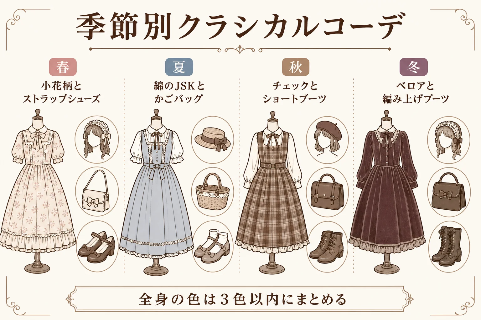 クラシカルロリィタの春夏・秋冬のコーデを、靴・バッグ・髪型・メイクの組み合わせで並べた図解