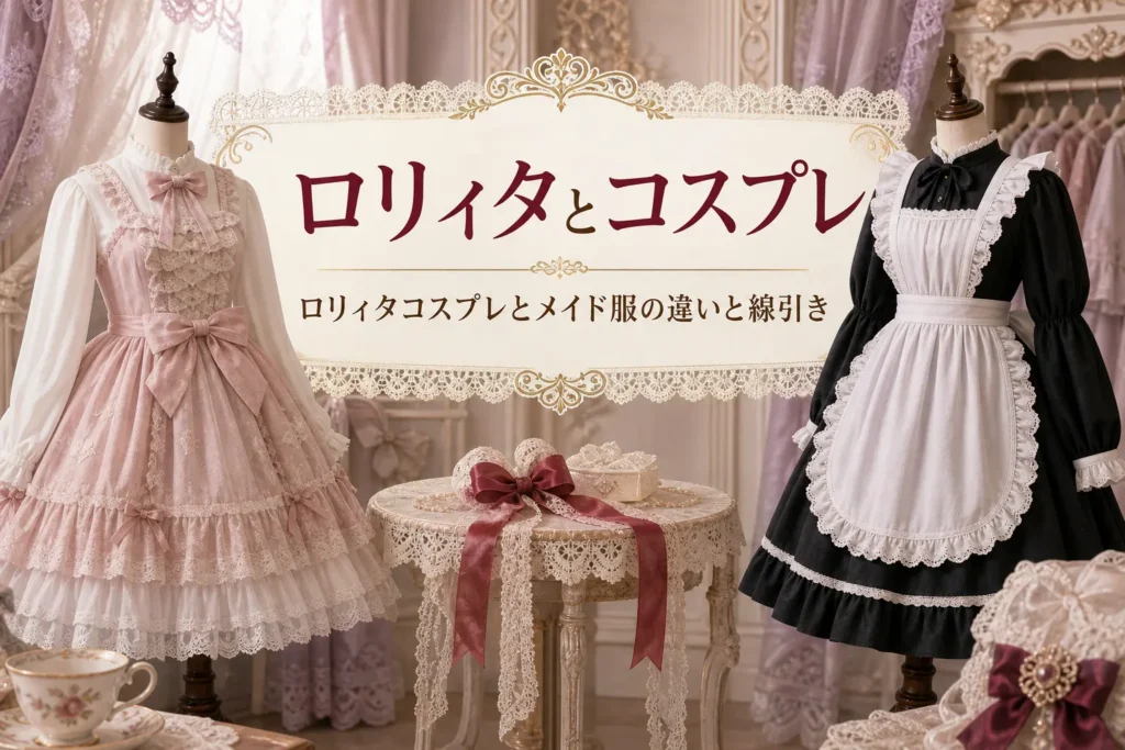 トルソーに着せたロリィタワンピースとメイド風の服を並べた様子