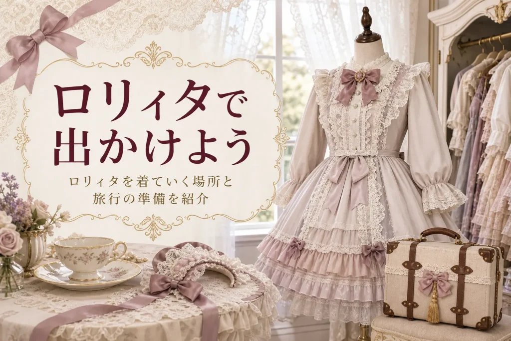 ティールームの窓辺に置かれたロリィタ服と旅行かばんに、ロリィタを着ていく場所を紹介する記事タイトル