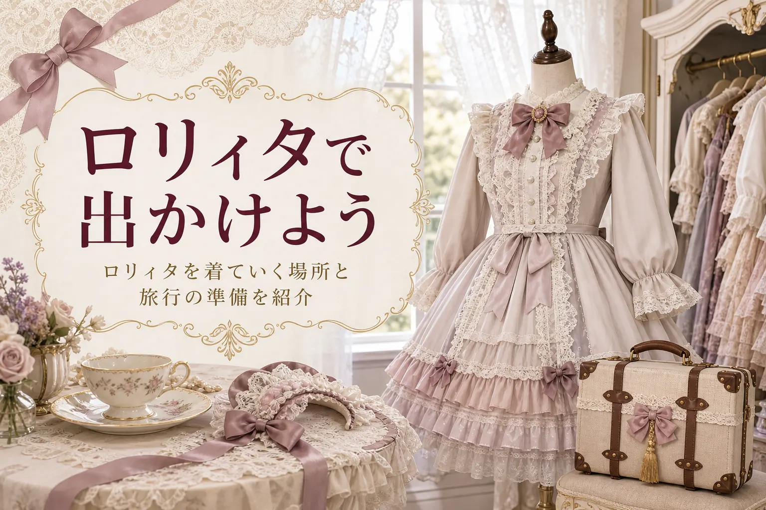 ティールームの窓辺に置かれたロリィタ服と旅行かばんに、ロリィタを着ていく場所を紹介する記事タイトル
