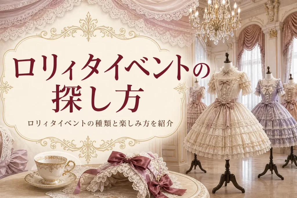 洋館のホールに並ぶトルソーに着せたロリィタ服と、ロリィタイベントの探し方を紹介する記事タイトル