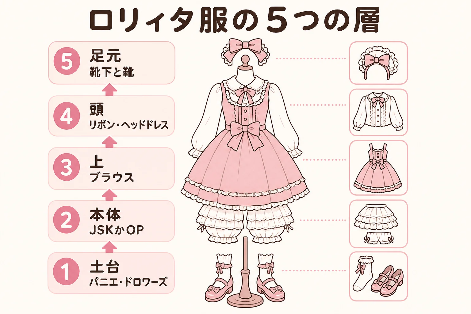 ロリィタ服のコーデを土台・本体・上・頭・足元の5つの層に分けた図解