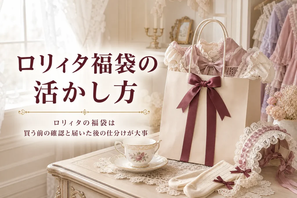 リボンのかかった福袋からロリィタ服や小物がのぞく画像と、ロリィタの福袋の活かし方を紹介する記事タイトル