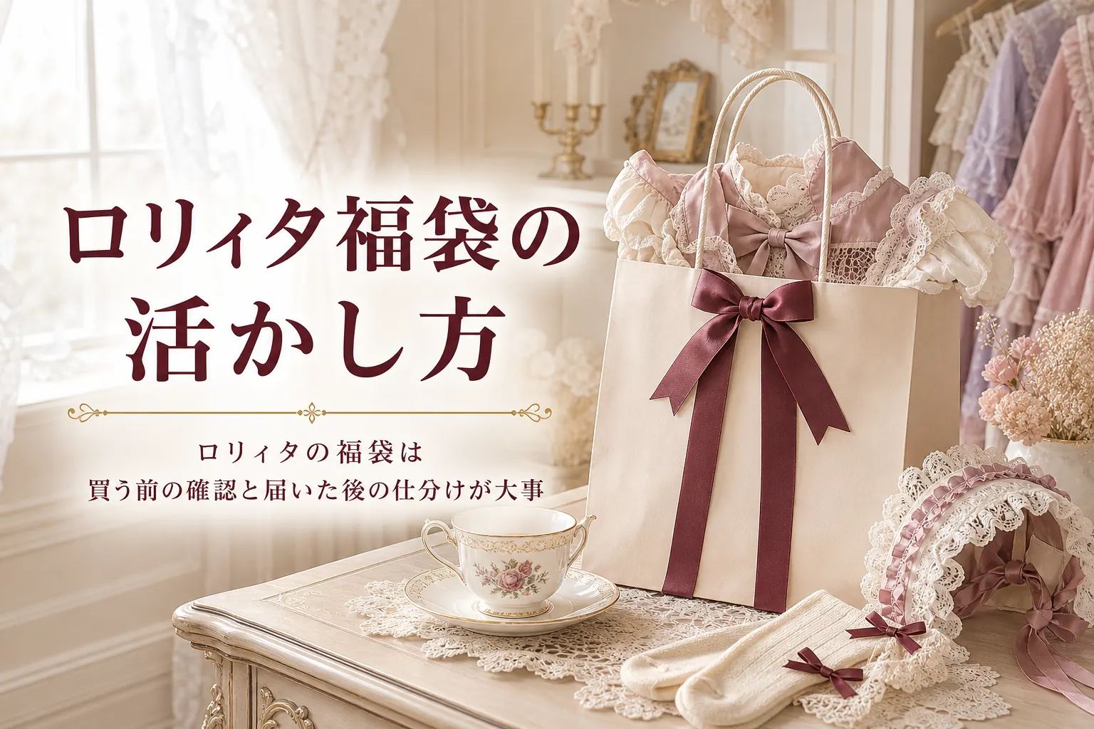リボンのかかった福袋からロリィタ服や小物がのぞく画像と、ロリィタの福袋の活かし方を紹介する記事タイトル