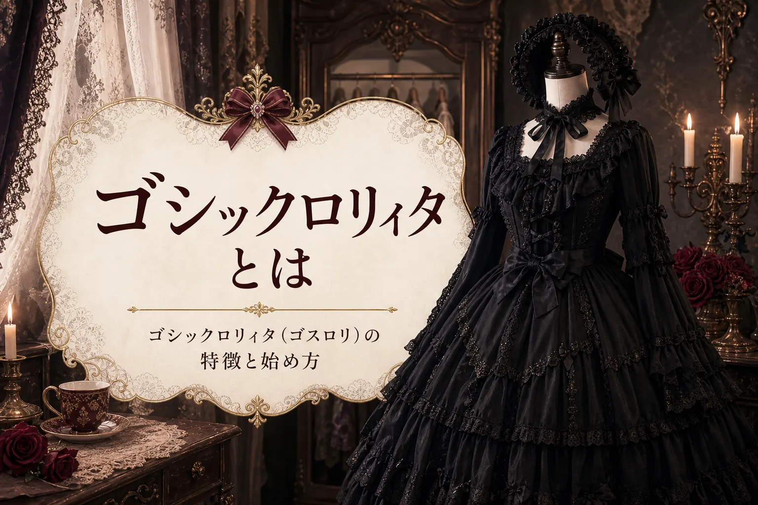 トルソーに着せた黒いゴシックロリィタのワンピースと「ゴシックロリィタとは」の文字