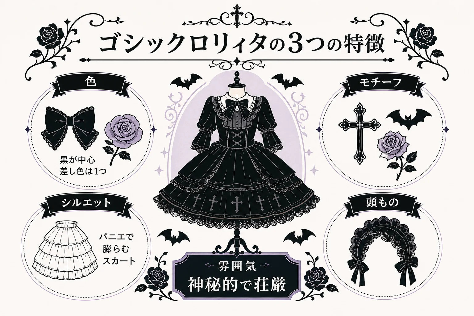 ゴシックロリィタの特徴を色・モチーフ・シルエットの3つでまとめた図解
