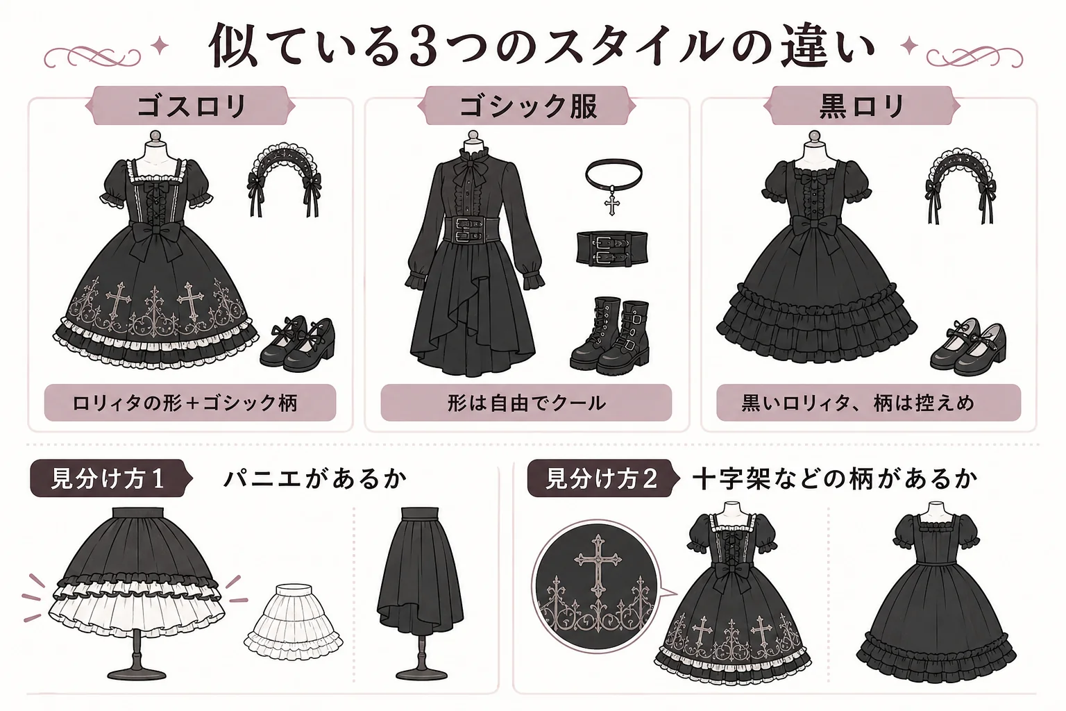 ゴシックロリィタとゴシックファッション、黒ロリィタの違いを比べた図解