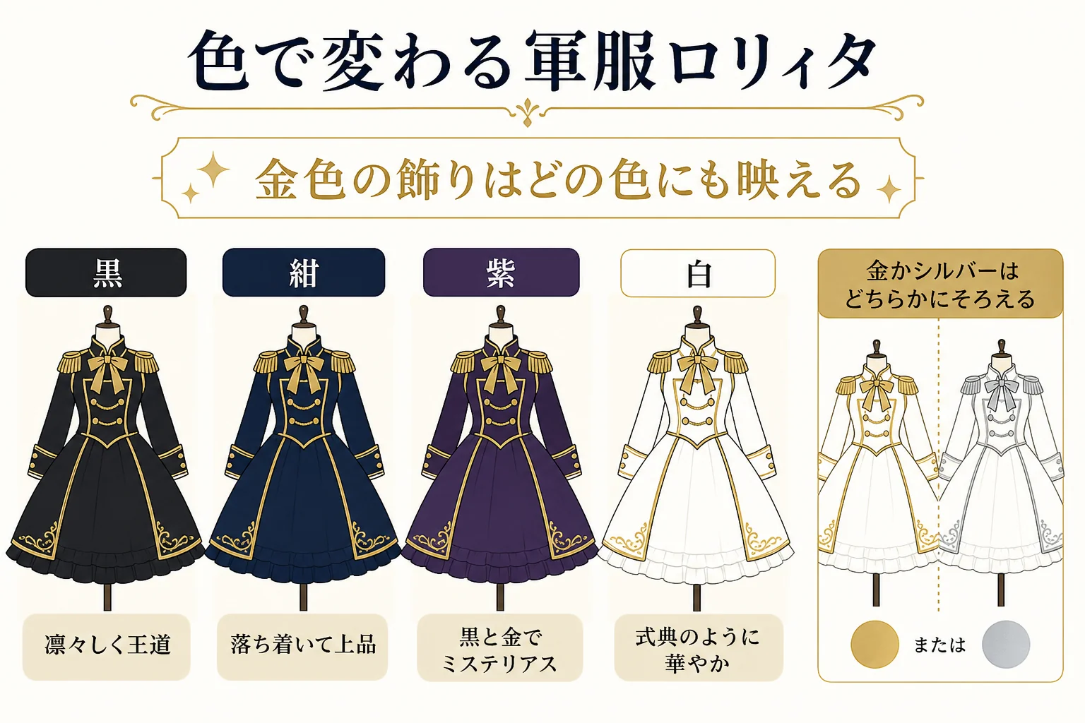 軍服ロリィタを黒・紺・紫・白の色別に、合わせる色と印象で並べた図解