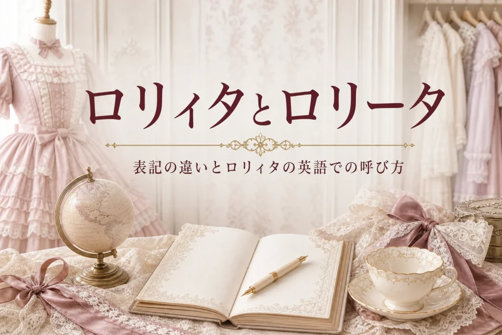 レースのリボンとノートが置かれた机と「ロリィタとロリータ」の文字