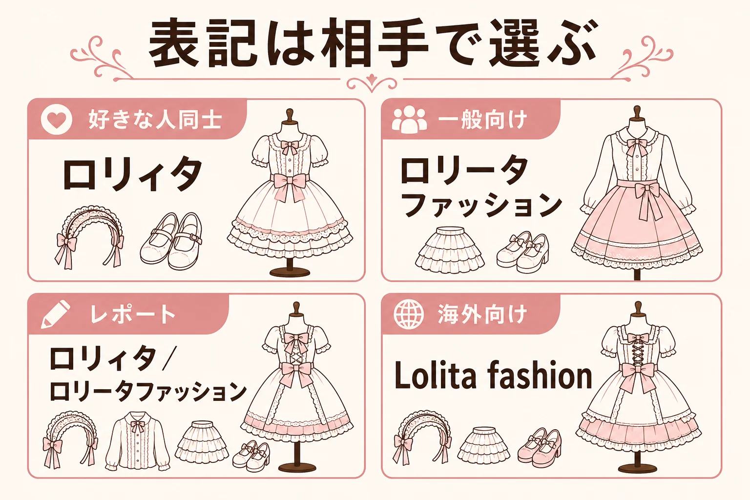 ロリィタ・ロリータ・Lolitaの表記を使う場面ごとに分けた図解