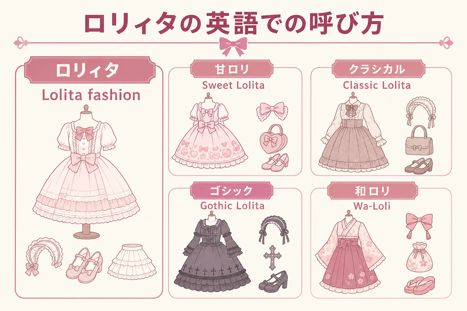 ロリィタの系統とアイテムを日本語と英語で対応させた図解