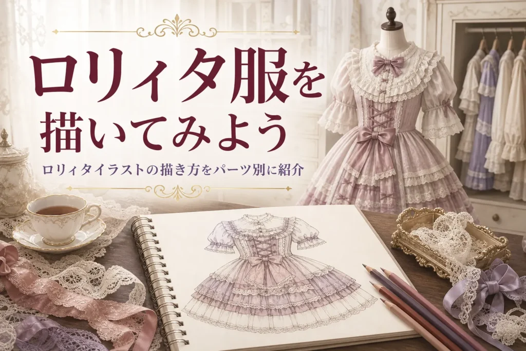机の上のスケッチブックと色鉛筆、トルソーのロリィタ服に、ロリィタイラストの描き方を紹介する記事タイトル