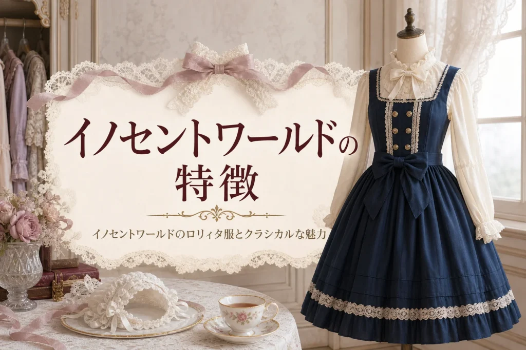 クラシカルなジャンパースカートを着せたトルソーと、イノセントワールドのロリィタ服の特徴を紹介する記事タイトル