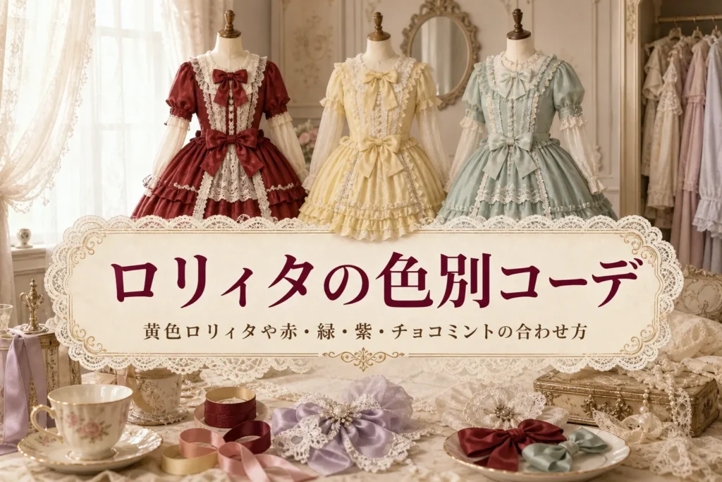 赤・黄色・ミントのロリィタワンピースを着せたトルソーと、ロリィタの色別コーデを紹介する記事タイトル