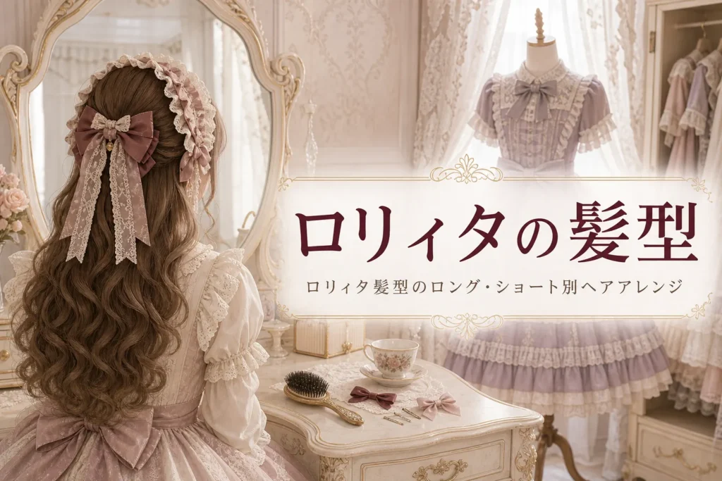 巻き髪にリボンのヘッドドレスをつけた後ろ姿と鏡台