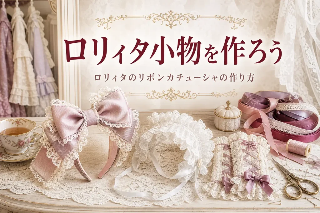 机に並んだ手作りのリボンカチューシャやヘッドドレス、お袖留めと裁縫道具、ロリィタ小物の作り方を紹介する記事タイトル