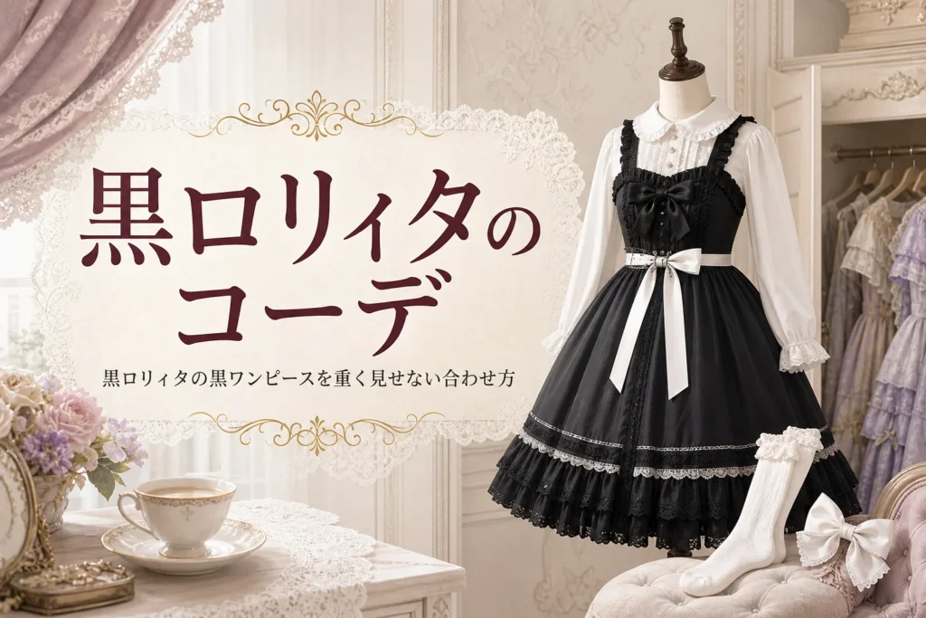 トルソーに着せた黒ロリィタのワンピースと白いブラウスと「黒ロリィタのコーデ」の文字