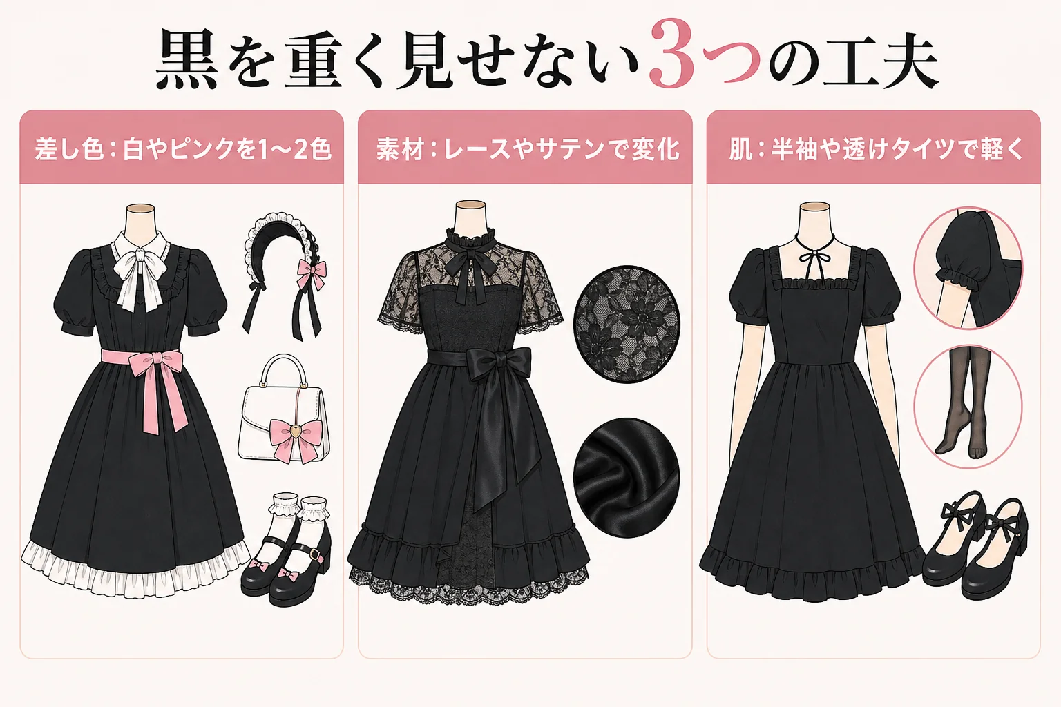 黒ロリィタを重く見せない差し色・素材の切り替え・肌の見せ方の3つの工夫の図解