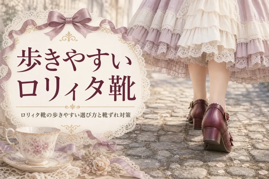 フリルのスカートとストラップシューズの足元と「歩きやすいロリィタ靴」の文字