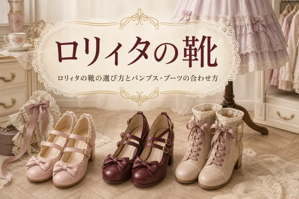 床に並んだロリィタの靴と「ロリィタの靴」の文字