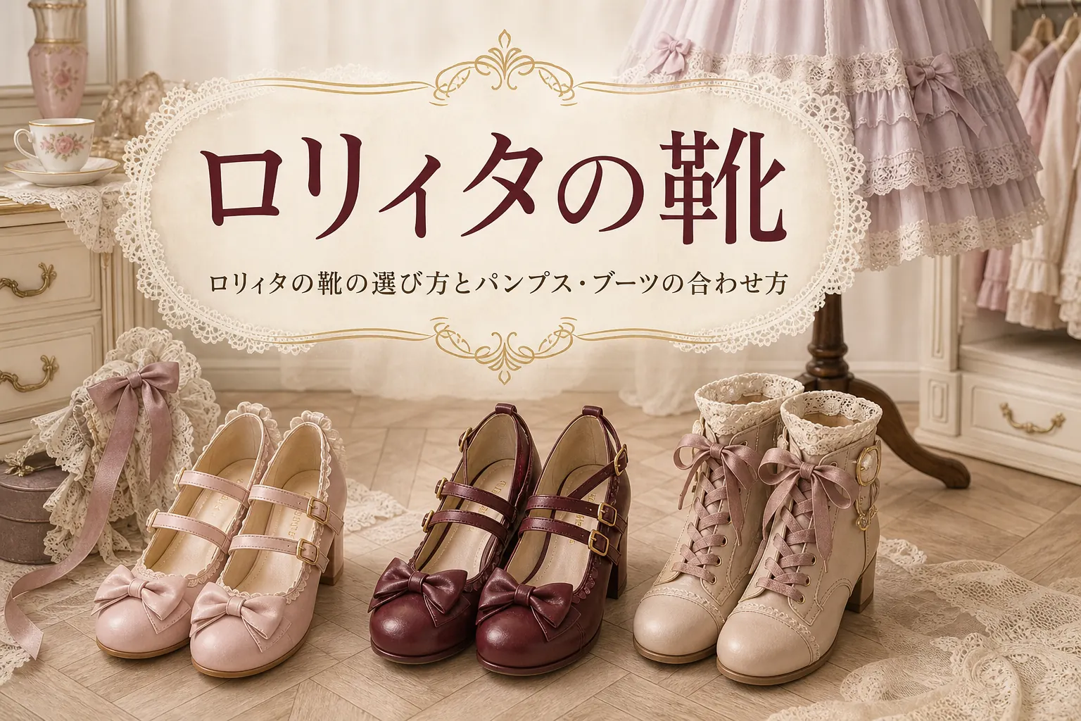 床に並んだロリィタの靴と「ロリィタの靴」の文字