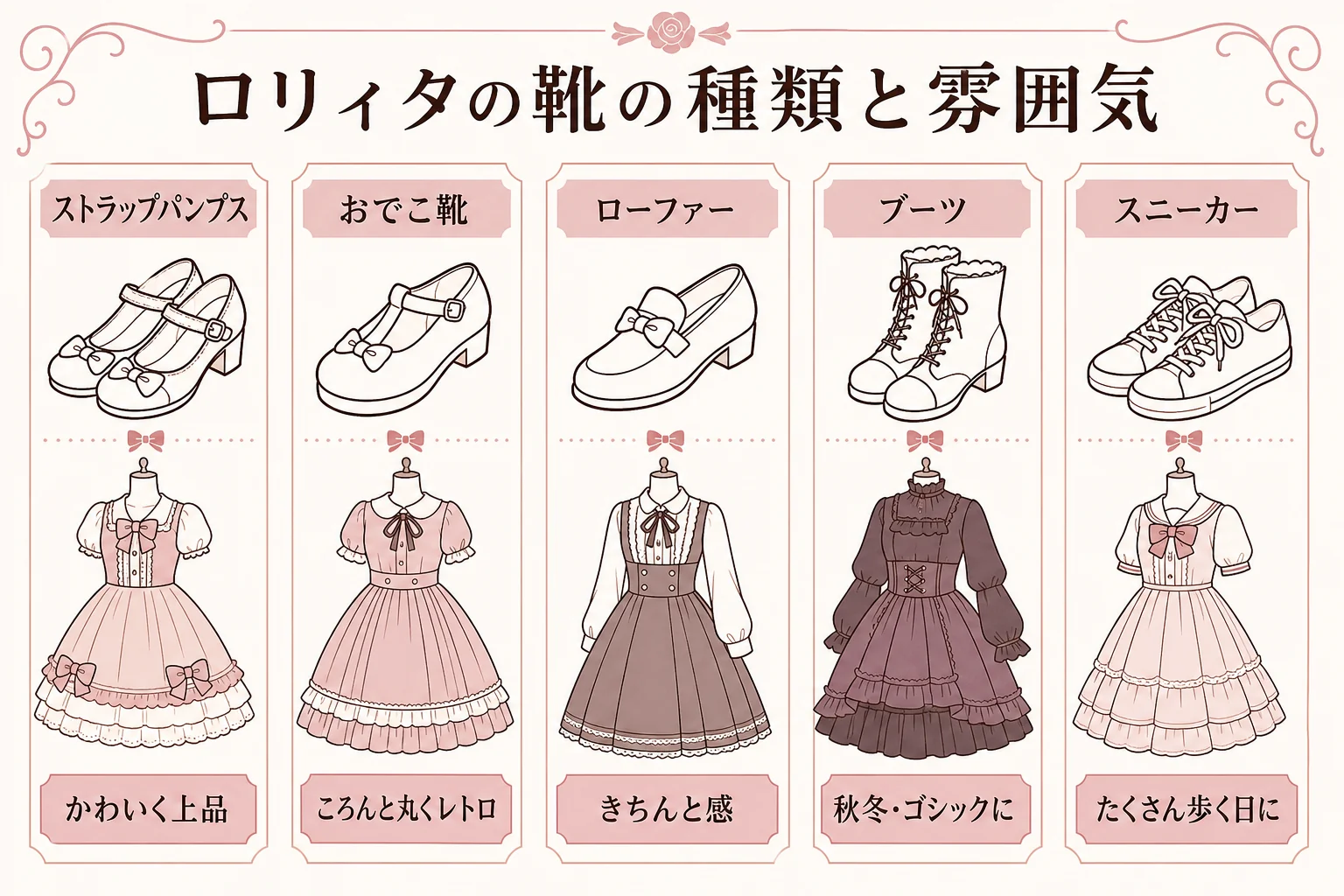ロリィタの靴の種類ごとの雰囲気と合わせやすい系統をまとめた図解