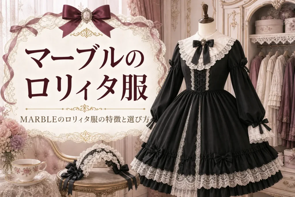 トルソーに着せた黒いエレガントなロリィタワンピースと、MARBLEのロリィタ服を紹介する記事タイトル