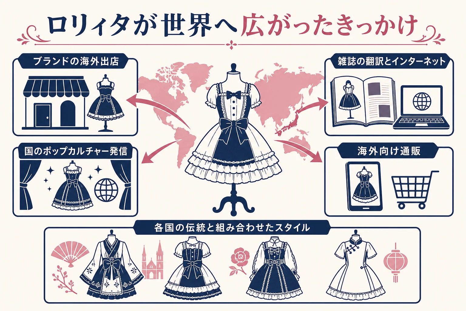 ロリィタが日本から世界へ広がったきっかけを並べた図解