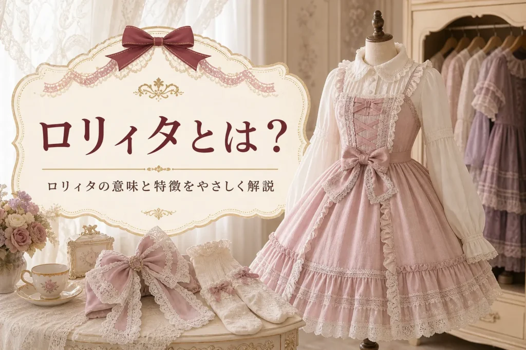 フリルのワンピースを着せたトルソーと「ロリィタとは？」の文字