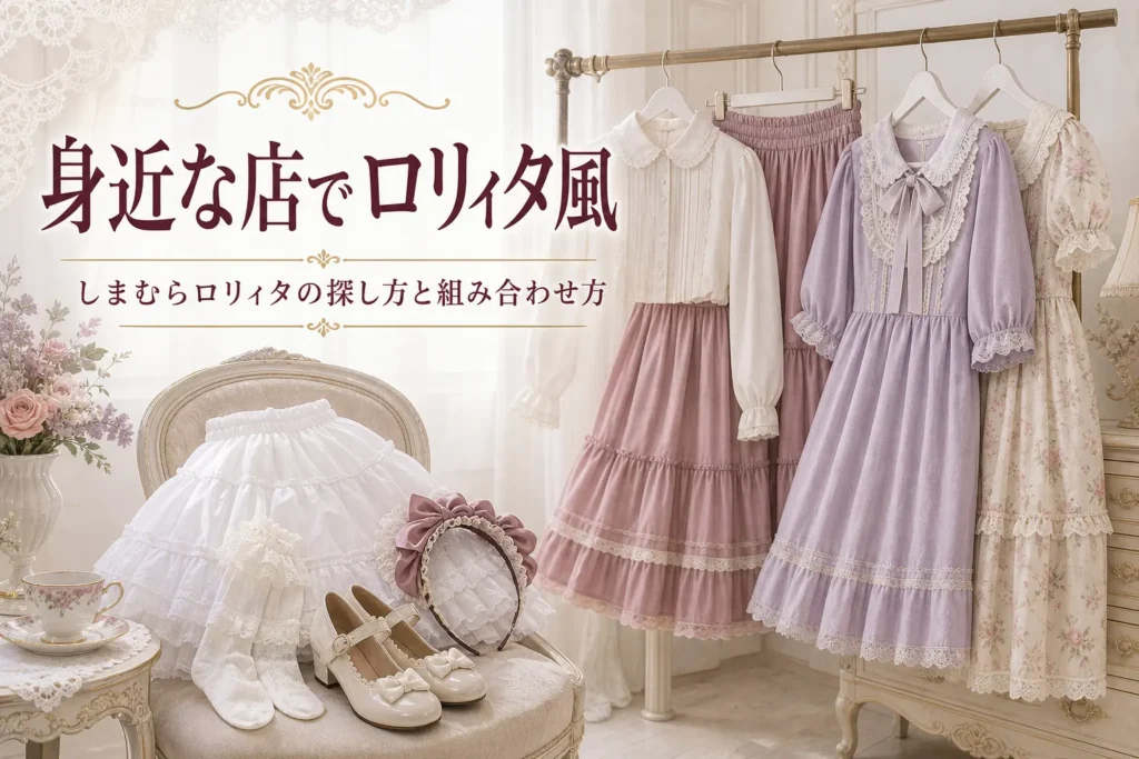 ハンガーラックに並ぶロリィタ風の服と小物、しまむらロリィタの探し方を紹介する記事タイトル