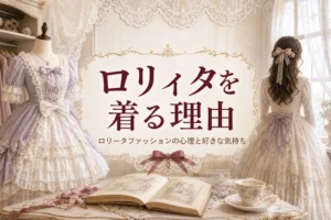 アンティーク調の部屋のロリィタのワンピースと、ロリータファッションの心理を紹介する記事タイトル