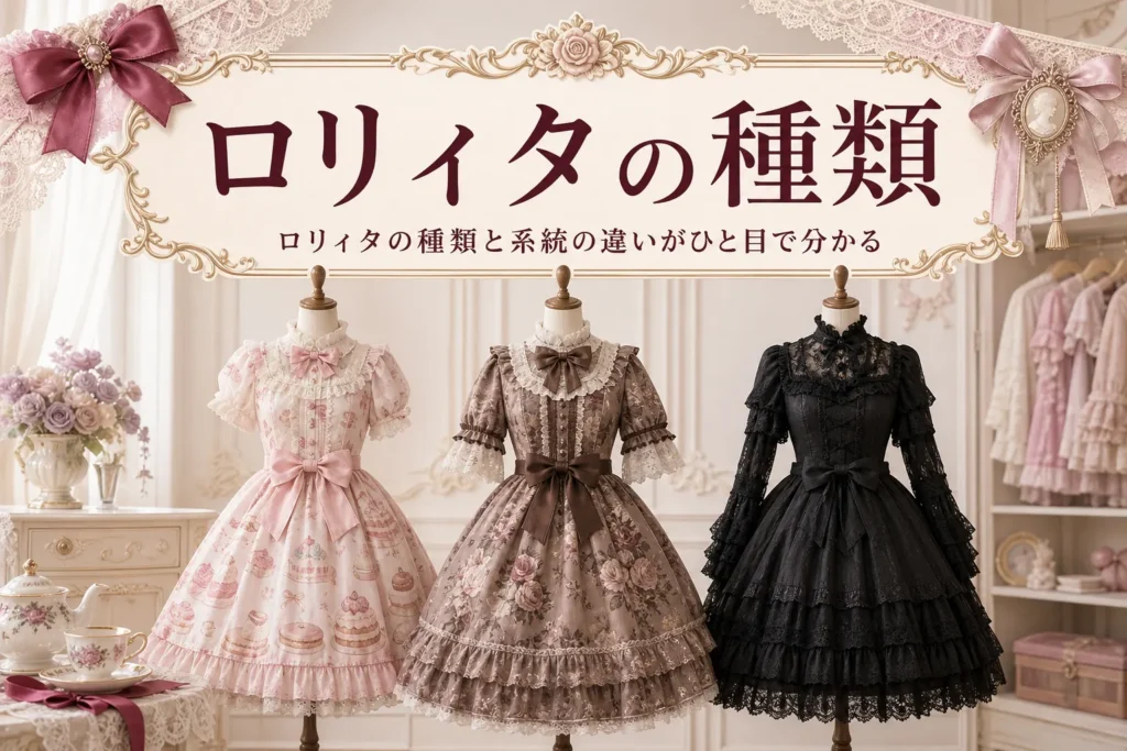 甘ロリ・クラシカル・ゴシックの服を着せた3体のトルソーと「ロリィタの種類」の文字