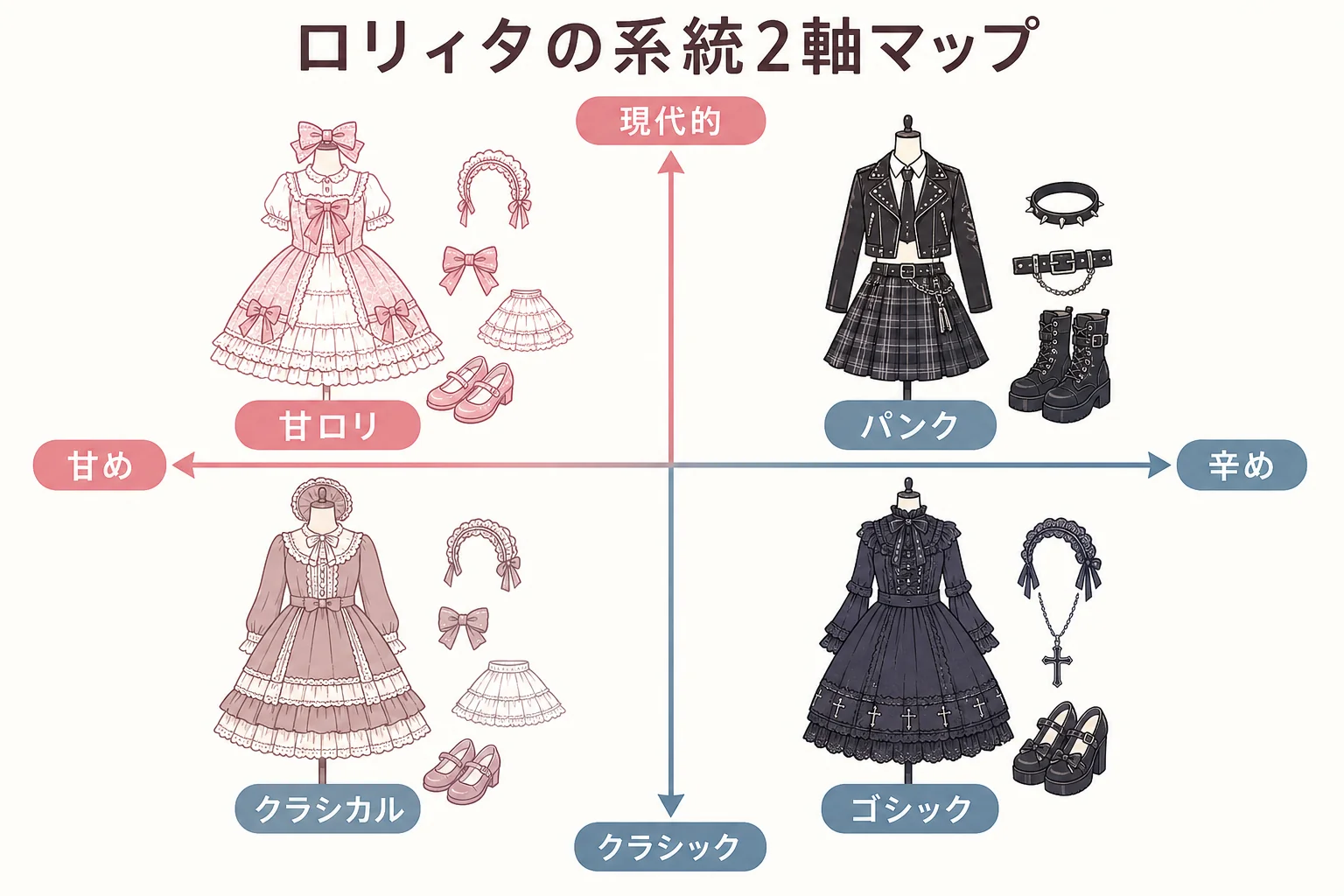 ロリィタの系統を甘さと時代感の2軸に並べたマップの図解