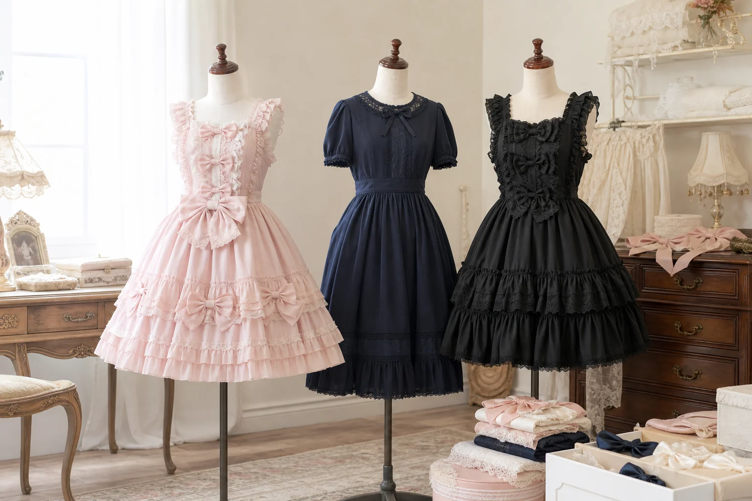 甘ロリ・クラシカル・ゴシックの3大系統の服をトルソーに着せて並べた写真