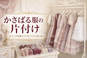 ハンガーラックに掛けたロリィタ服とパニエ、箱に並べたヘッドドレスと、ロリィタ収納のコツを紹介する記事タイトル