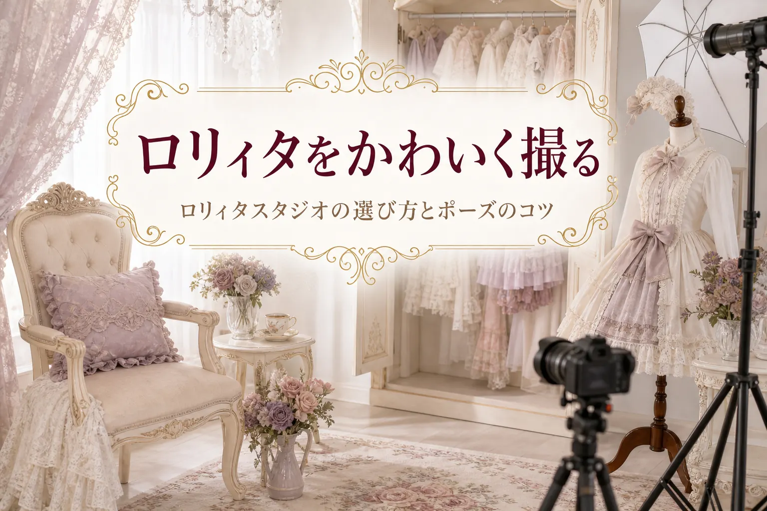 洋館風の撮影スタジオに置かれたロリィタ服と撮影機材に、ロリィタスタジオの選び方を紹介する記事タイトル