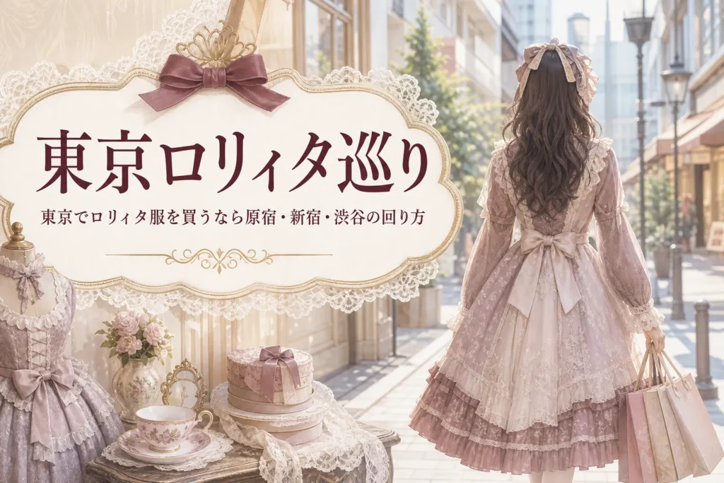 街角でショッピングバッグを持つロリィタ服の女性の後ろ姿と、東京でロリィタ服を買う時の回り方を紹介する記事タイトル