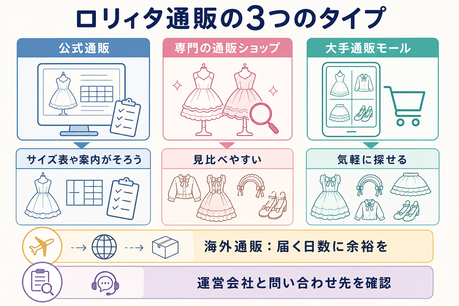 ロリィタ通販を公式通販・ロリータファッションの通販ショップ・大手通販モールの3タイプに分けて特徴を比べた図解